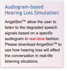Audiogram-based Hearing Loss Simulation:  AngelSimTM  allow the user to listen to the degraded speech signals based on a specific audiogram in real-time fashion. Please download AngelSimTM to see how hearing loss will affect the conversation in real-life listening situations.